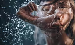 the image shows an artistic view of a person covering his face with the shower head