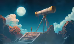 a person on a ladder holding a telescope near a giant mountain