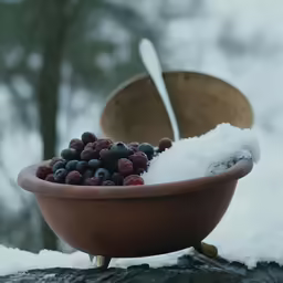 a large bowl filled with berries next to snow