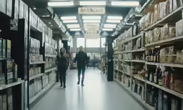 a long, wide room with shelves and bins with items on display