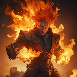 a man in costume is in a large fire with orange hair