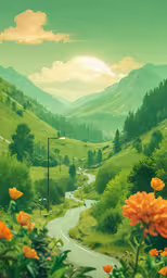beautiful mountain landscape with flowers and a winding country road,a green landscape with hills and fields and flowers
