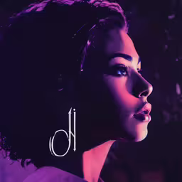 the young woman has her eyes closed and a bright blue and purple background,an image of a woman with her head turned slightly