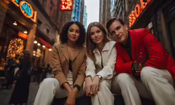 three people sit on a bench in the street posing for a picture