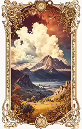 a painting with a frame that is shaped like a landscape