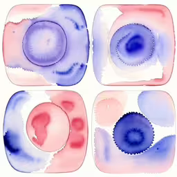 three different plates with blue and pink watercolors on them