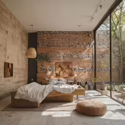 the modern bedroom has an exposed brick wall