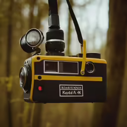a camera attached to a tripod attached to a pole in the woods