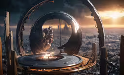 a hand holding something out of the middle of a spinning bowl,the inside of a metal object is shown with flames coming out