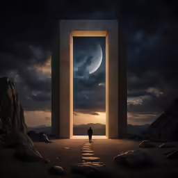 a person standing in a doorway near mountains