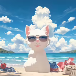 a cat with sunglasses sitting in the sand near a beach