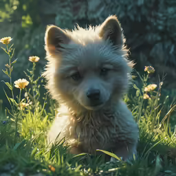 the small white puppy is sitting in the grass