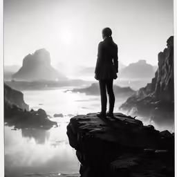 a person is standing on a cliff looking out over a body of water