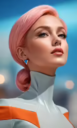 a woman with pink hair and orange earrings