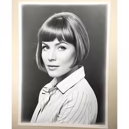 a black and white photograph of a woman with short hair