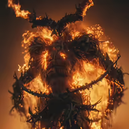 the dark forest character surrounded by burning branches
