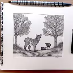 two deer in a forest, one of which is staring at the other deer, while the third is not looking at it,a drawing with a pencil on top of it