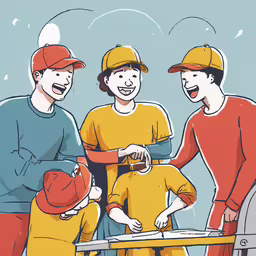 three people in uniform holding something that is yellow,cartoon of baseball players in yellow uniforms and red hats