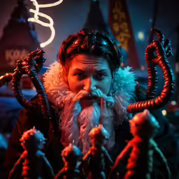 man wearing costume while holding some strange looking pipes