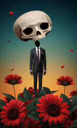 the man has a skull over his head on his head