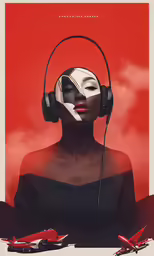 a woman wearing headphones and an image of a cat
