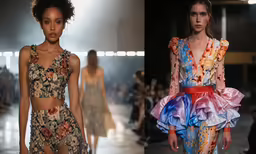 two models at the runway one in a cutout top and the other in a flowered skirt