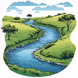 a cartoon with a river running through it