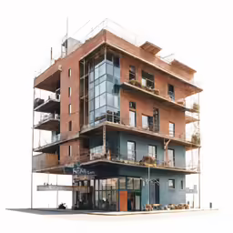 this building has glass balconies and is covered in scaffolding