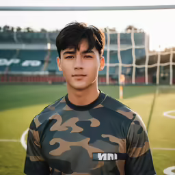 a young boy in a camo shirt poses for a photo