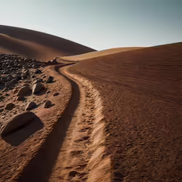 a lone dirt road going through a desert