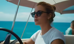 woman in white shirt riding on a boat, with open umbrella