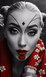 a woman wearing red and white makeup with an oriental look