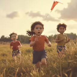 two children running through a grass field holding kites