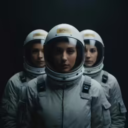three female astronauts with helmets and a dark background