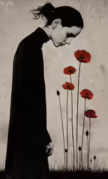 the woman is looking down at the flowers in black and white