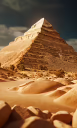 a very tall pyramid sitting in the middle of some sand
