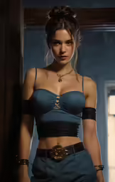a woman in a blue outfit and gold jewelry