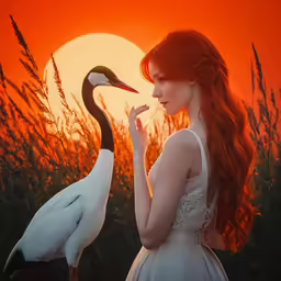 a red haired woman in white and white dress next to two birds