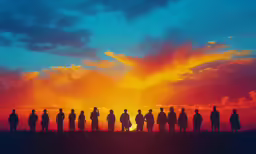 a group of people stand in the middle of a sky with the sun coming up
