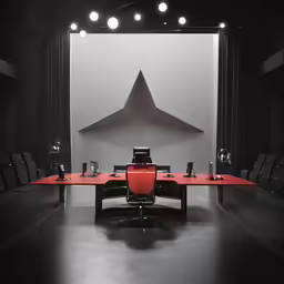 an empty room with several red chairs on it