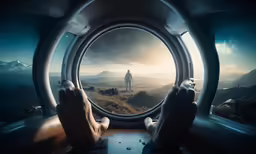 two persons look out the window at a man standing in a foggy mountains
