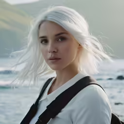 the woman has a backpack near a body of water