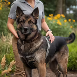 man holding black and brown dog on leash