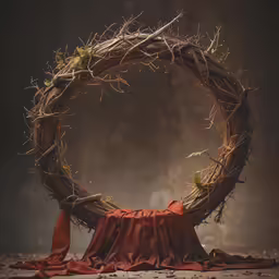 a twig wreath lies on a red cloth, on a dark grey background