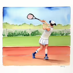 a painting of a person swinging a tennis racquet at a ball,there is a woman that is about to hit the ball,a drawing of a man holding a tennis racquet,a person is taking a swing at a tennis ball,a watercolor painting of a woman holding a tennis racket