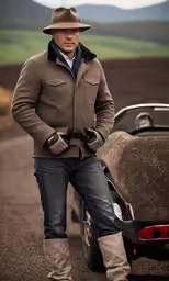 a man is wearing cowboy boots next to a car