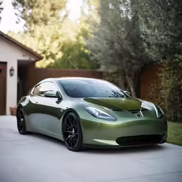 a shiny green car is parked in a driveway