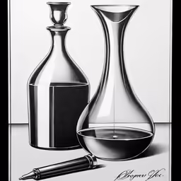 a black and white drawing of two vases and an ink pen