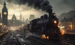 an old steam train running in the city at night