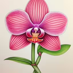 a pink flower with a green stem and a white background,this is a very big flower on a twig